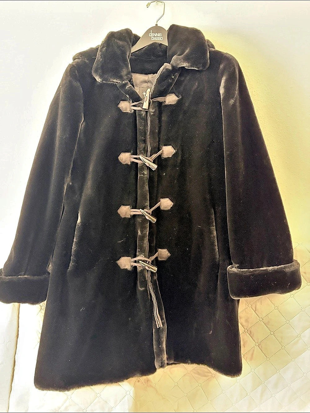 Dennis Basso Black Faux Fur Hooded Coat Size XS